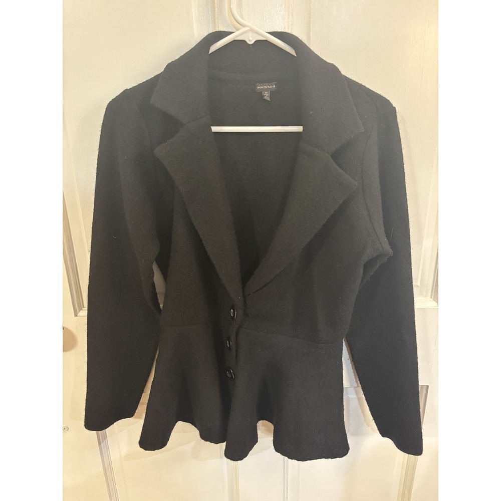 Madison Women's Black Peplum Blazer 100% Wool Size Medium